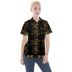 Floral Folk Damask Pattern  Women s Short Sleeve Pocket Shirt