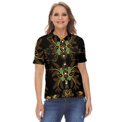 Floral Folk Damask Pattern  Women s Short Sleeve Double Pocket Shirt by Eskimos