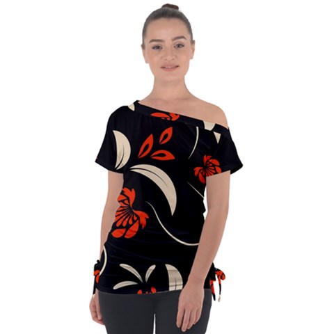 Folk Flowers Print Floral Pattern Ethnic Art Off Shoulder Tie-up Tee by Eskimos