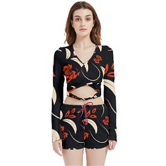 Folk Flowers Print Floral Pattern Ethnic Art Velvet Wrap Crop Top And Shorts Set by Eskimos