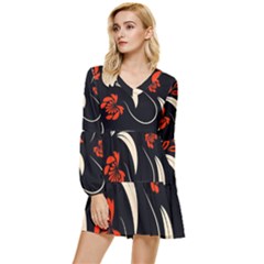 Folk Flowers Print Floral Pattern Ethnic Art Tiered Long Sleeve Mini Dress