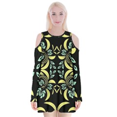 Floral Folk Damask Pattern Fantasy Flowers  Velvet Long Sleeve Shoulder Cutout Dress by Eskimos