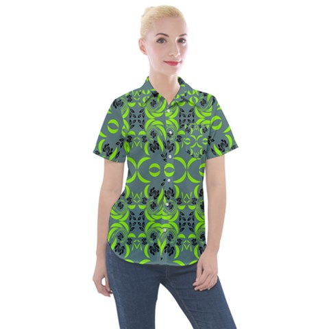 Floral Folk Damask Pattern  Women s Short Sleeve Pocket Shirt by Eskimos