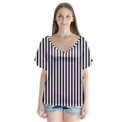 Minimalistic Black And White Stripes, Vertical Lines Pattern V-neck Flutter Sleeve Top by Casemiro