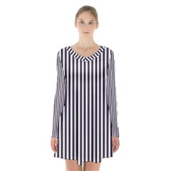 Minimalistic Black And White Stripes, Vertical Lines Pattern Long Sleeve Velvet V-neck Dress