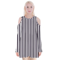 Minimalistic Black And White Stripes, Vertical Lines Pattern Velvet Long Sleeve Shoulder Cutout Dress