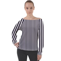 Minimalistic Black And White Stripes, Vertical Lines Pattern Off Shoulder Long Sleeve Velour Top by Casemiro