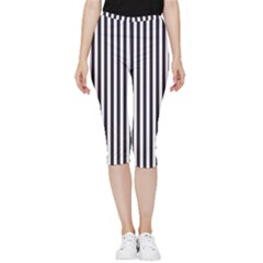 Minimalistic Black And White Stripes, Vertical Lines Pattern Inside Out Lightweight Velour Capri Leggings 