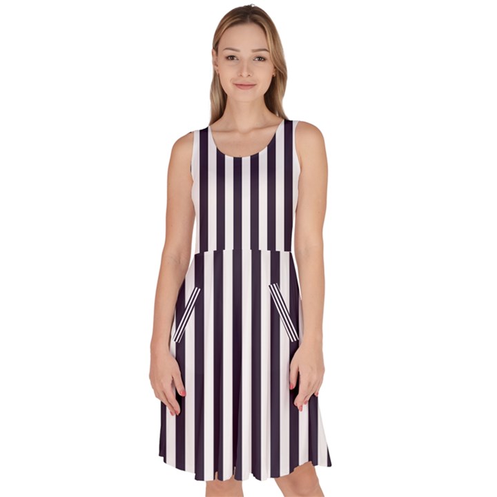 Minimalistic black and white stripes, vertical lines pattern Knee Length Skater Dress With Pockets