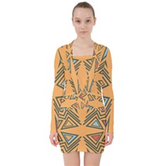 Abstract Pattern Geometric Backgrounds   V-neck Bodycon Long Sleeve Dress by Eskimos