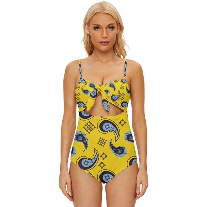 Floral pattern paisley style Paisley print  Doodle background Knot Front One-Piece Swimsuit