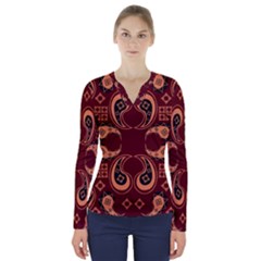 Floral Pattern Paisley Style Paisley Print  Doodle Background V-neck Long Sleeve Top by Eskimos