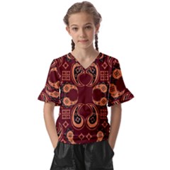 Floral Pattern Paisley Style Paisley Print  Doodle Background Kids  V-neck Horn Sleeve Blouse