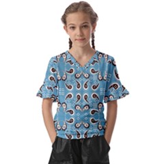 Floral Pattern Paisley Style Paisley Print  Doodle Background Kids  V-neck Horn Sleeve Blouse