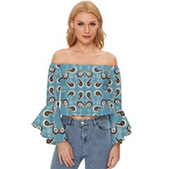 Floral Pattern Paisley Style Paisley Print  Doodle Background Off Shoulder Flutter Bell Sleeve Top by Eskimos