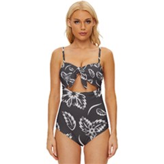 Folk Flowers Print Floral Pattern Ethnic Art Knot Front One-piece Swimsuit by Eskimos