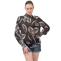 Folk Flowers Print Floral Pattern Ethnic Art High Neck Long Sleeve Chiffon Top