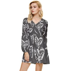 Folk Flowers Print Floral Pattern Ethnic Art Tiered Long Sleeve Mini Dress