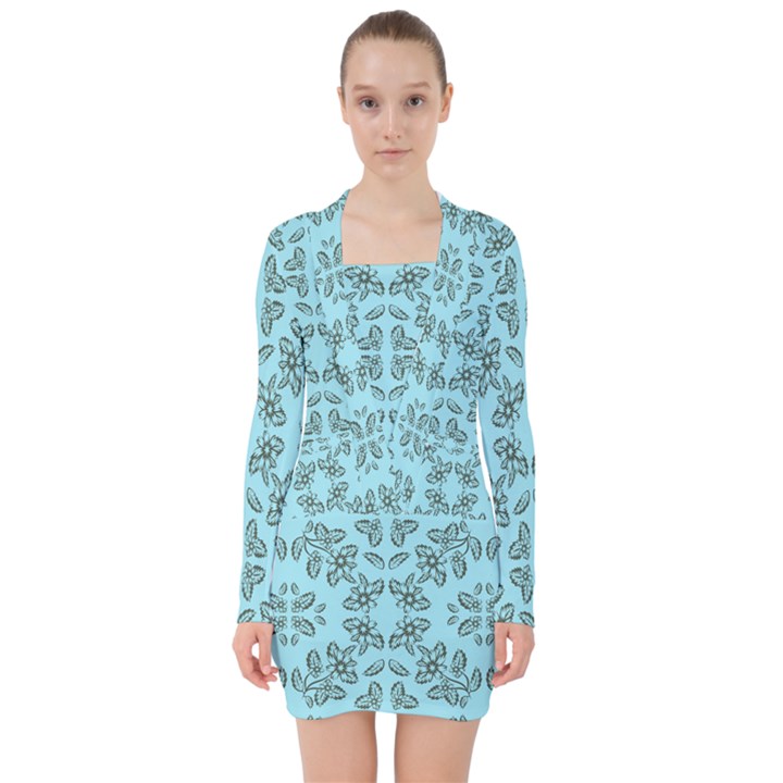 Floral folk damask pattern Fantasy flowers Floral geometric fantasy V-neck Bodycon Long Sleeve Dress