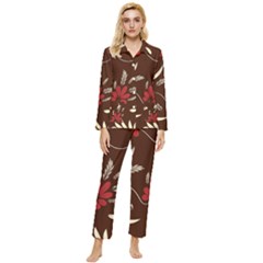 Sfolk Flowers Print Floral Pattern Ethnic Art Womens  Long Sleeve Velvet Pocket Pajamas Set