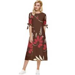 Sfolk Flowers Print Floral Pattern Ethnic Art Bow Sleeve Chiffon Midi Dress