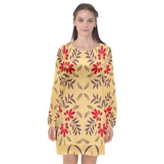 Floral Folk Damask Pattern Fantasy Flowers Floral Geometric Fantasy Long Sleeve Chiffon Shift Dress  by Eskimos