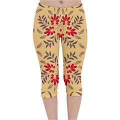 Floral Folk Damask Pattern Fantasy Flowers Floral Geometric Fantasy Velvet Capri Leggings  by Eskimos