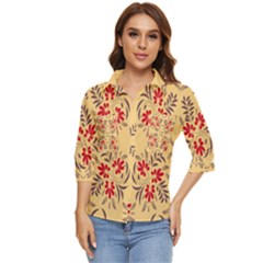 Floral Folk Damask Pattern Fantasy Flowers Floral Geometric Fantasy Women s Quarter Sleeve Pocket Shirt