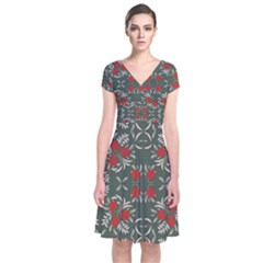 Floral Folk Damask Pattern Fantasy Flowers Floral Geometric Fantasy Short Sleeve Front Wrap Dress by Eskimos