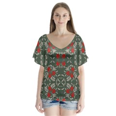 Floral Folk Damask Pattern Fantasy Flowers Floral Geometric Fantasy V-neck Flutter Sleeve Top by Eskimos