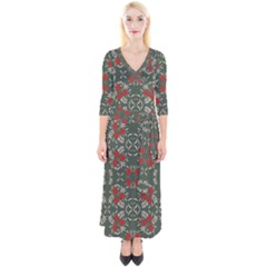 Floral Folk Damask Pattern Fantasy Flowers Floral Geometric Fantasy Quarter Sleeve Wrap Maxi Dress by Eskimos