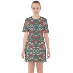 Floral Folk Damask Pattern Fantasy Flowers Floral Geometric Fantasy Sixties Short Sleeve Mini Dress by Eskimos