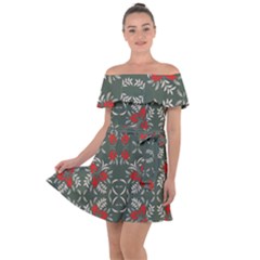 Floral Folk Damask Pattern Fantasy Flowers Floral Geometric Fantasy Off Shoulder Velour Dress