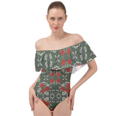 Floral Folk Damask Pattern Fantasy Flowers Floral Geometric Fantasy Off Shoulder Velour Bodysuit  by Eskimos