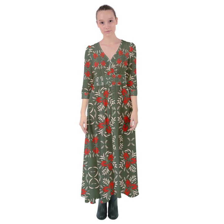 Floral folk damask pattern Fantasy flowers Floral geometric fantasy Button Up Maxi Dress