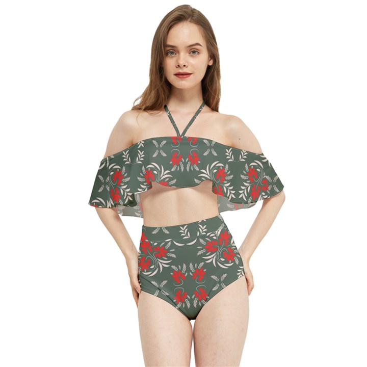 Floral folk damask pattern Fantasy flowers Floral geometric fantasy Halter Flowy Bikini Set 