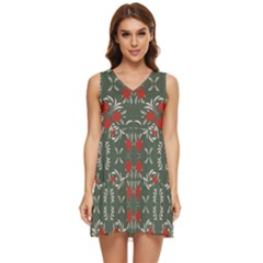 Floral Folk Damask Pattern Fantasy Flowers Floral Geometric Fantasy Tiered Sleeveless Mini Dress by Eskimos