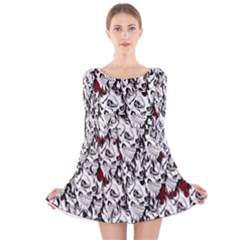 Demonic Skulls Pattern, Spooky Horror, Halloween Theme Long Sleeve Velvet Skater Dress