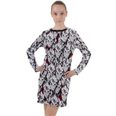 Demonic Skulls Pattern, Spooky Horror, Halloween Theme Long Sleeve Hoodie Dress