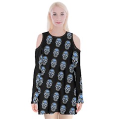 Skulls, Demonic Skull Pattern, Frida Kahlo Stylised Velvet Long Sleeve Shoulder Cutout Dress