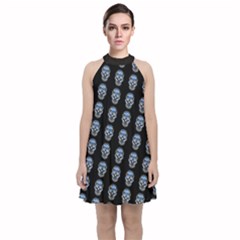 Skulls, Demonic Skull Pattern, Frida Kahlo Stylised Velvet Halter Neckline Dress  by Casemiro