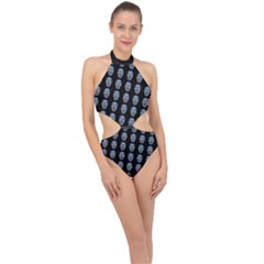 Skulls, Demonic Skull Pattern, Frida Kahlo Stylised Halter Side Cut Swimsuit by Casemiro