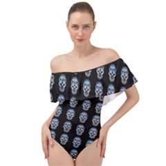 Skulls, Demonic Skull Pattern, Frida Kahlo Stylised Off Shoulder Velour Bodysuit  by Casemiro