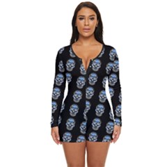 Skulls, Demonic Skull Pattern, Frida Kahlo Stylised Long Sleeve Boyleg Swimsuit by Casemiro