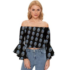 Skulls, Demonic Skull Pattern, Frida Kahlo Stylised Off Shoulder Flutter Bell Sleeve Top