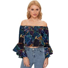 Oil Slick Off Shoulder Flutter Bell Sleeve Top by MRNStudios