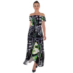 Dubstep Alien Off Shoulder Open Front Chiffon Dress by MRNStudios