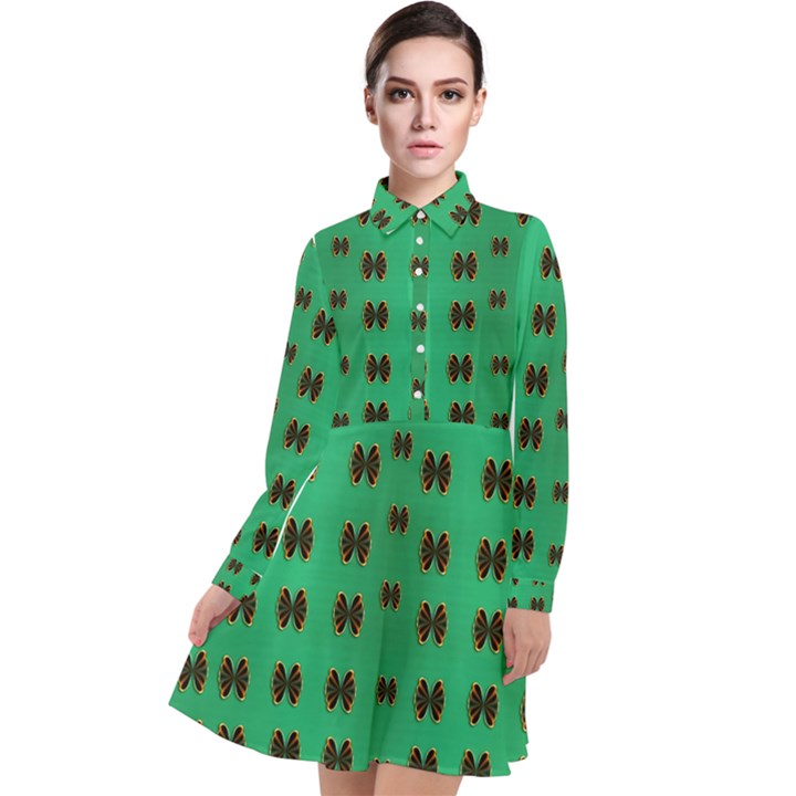 Butterflies In Fresh Green Environment Long Sleeve Chiffon Shirt Dress