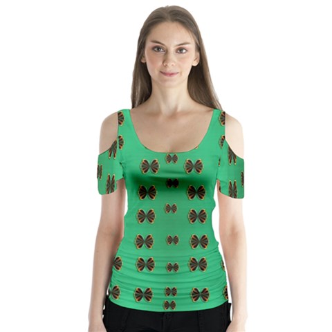 Butterflies In Fresh Green Environment Butterfly Sleeve Cutout Tee  by pepitasart