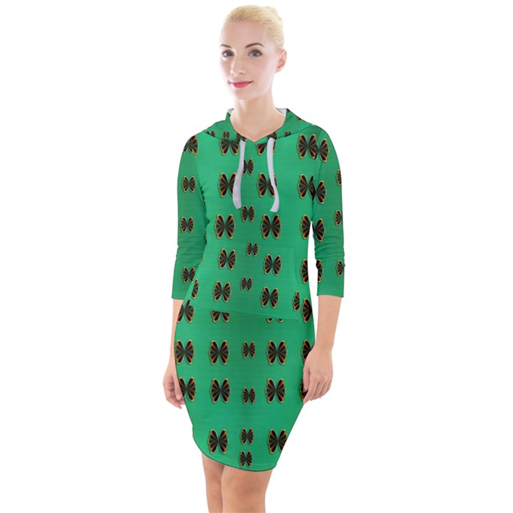 Butterflies In Fresh Green Environment Quarter Sleeve Hood Bodycon Dress